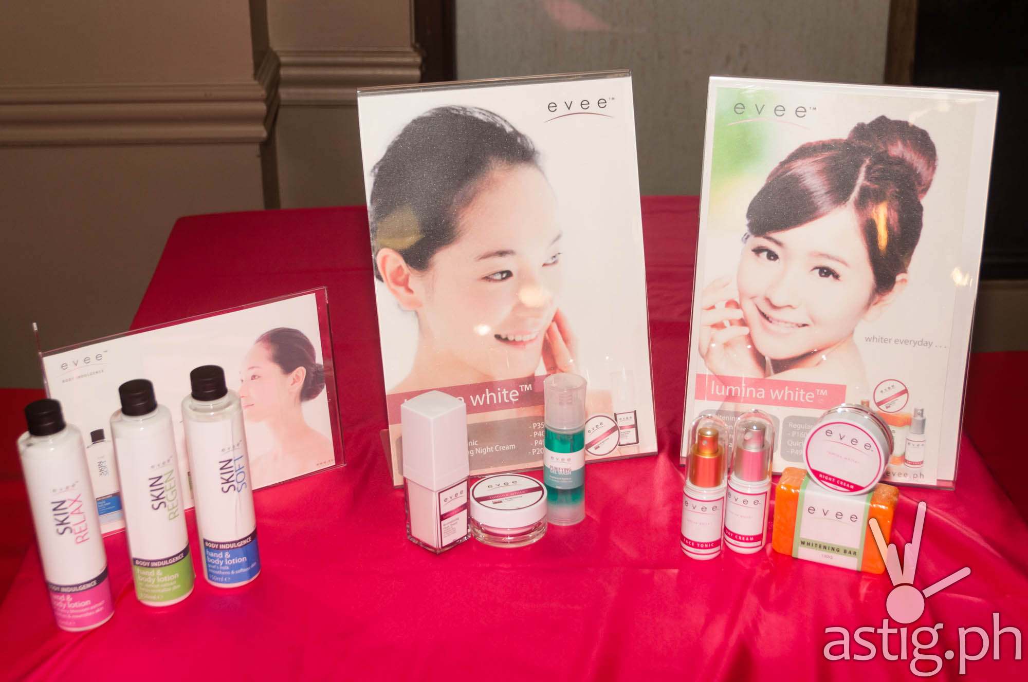 Evee lumina white and body indulgence line of skin care products