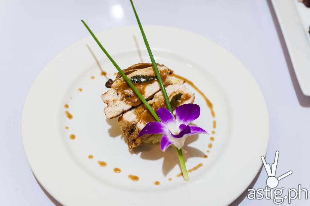 Kangkong with kesong puti stuffed chicken breast with mash and jus (190)
