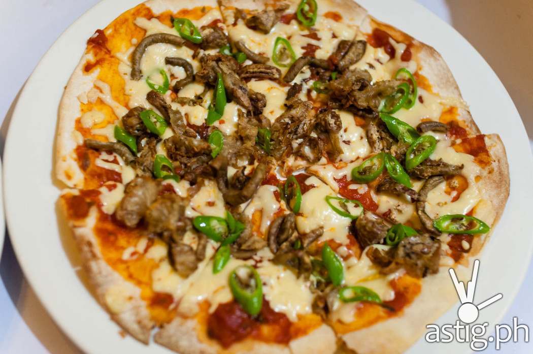 Crispy isaw with chicharon bulaklak pizza