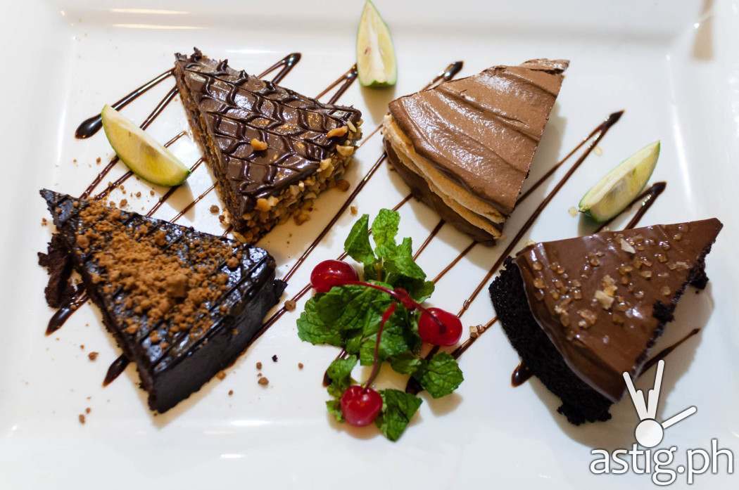 Flourless Chocnut cake (120 PHP), chocolate sanzrival (110 PHP), chocolate mint torte (100 PHP), and salted caramel cake (100 PHP)