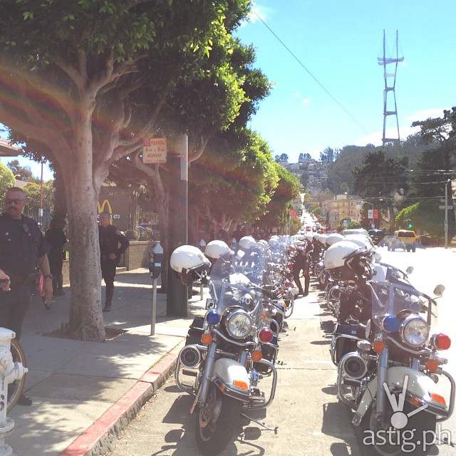 Over 20 police motorcycles are shown here lined up to escort President PNoy during his visit to McDonald's Haight