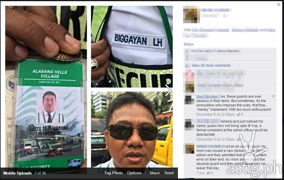 Screencap of the Facebook post showing Alabang Hills Village guard Larry Biggayan