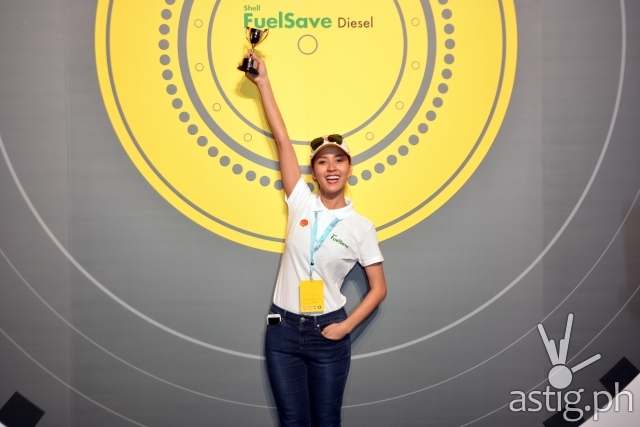 Bianca Gonzalez celebrates her win at Shell FuelSave Fact or Fiction Driving Challenge