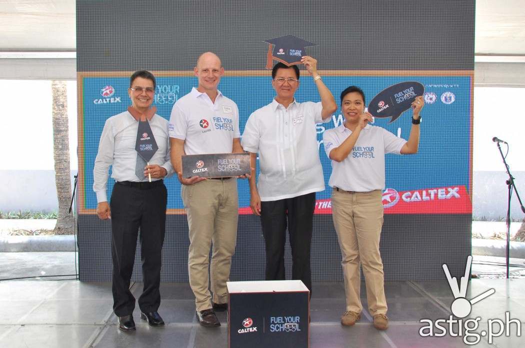 Just in time for the back to school season, Chevron Philippines Inc. is proud to announce the launch of Caltex Fuel Your School campaign in the country. From left to right (American Chamber Foundation Philippines Inc. President, Edwin Feist, Chevron Philippines Inc. General Manager for Philippine Products, Peter Morris, Department of Education of the Philippines, NCR Director III, Ponciano Menguito, and Chevron Philippines Inc. Policy, Government and Public Affairs Manager, Raissa Bautista.