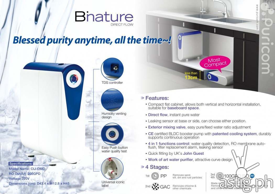 Puricom’s water purifiers use reverse osmosis, a specialized technology that removes more than 95% of particles in the water to bring back its natural, sweet taste.
