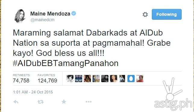 #ALDubEBTamangPanahon most shared tweet by Maine Mendoza