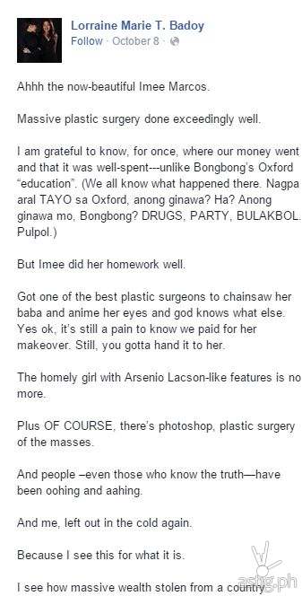 Facebook Post by Lorraine Badoy