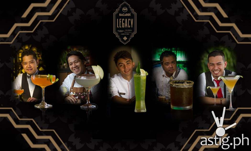 Bacardi Legacy Cocktail Competition Top 5 finalists with their signature Bacardi cocktail drink. (L-R Bequest by Joey Cerdinia of Exit Bar Makati (4th runner-up); Little man by Mark Alvin Tolentino of Revel by the Palace Fort (1st runner-up); Kalikasan by Mark Jerrold Bernard ino of Scarlet Fort (3rd runner-up); El Tindero by Richie Cruz of Café Enye Bar Eastwood (Champion) and Island Souvenir by Marnel Masallo of Skye Lounge Fort (2nd runner-up)