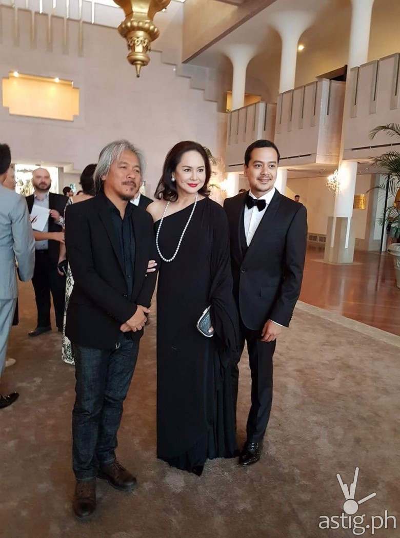 Lav Diaz, Charo Satnos, and John Lloyd Cruz at the Venice Film Fest red carpet