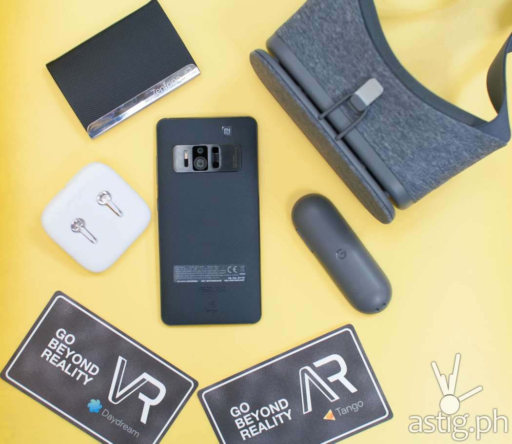 ASUS Zenfone AR with Google Daydream View headset, remote control, and ZenEar headset