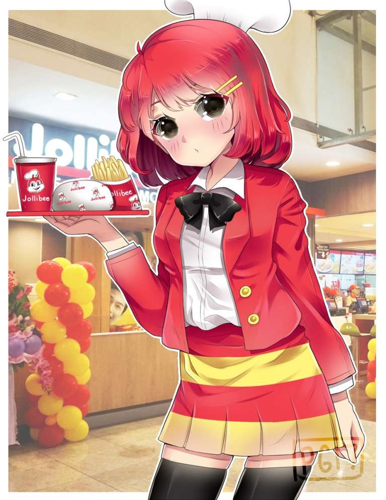 Jollibee as a school girl, original artwork by allhailcatsss on Reddit