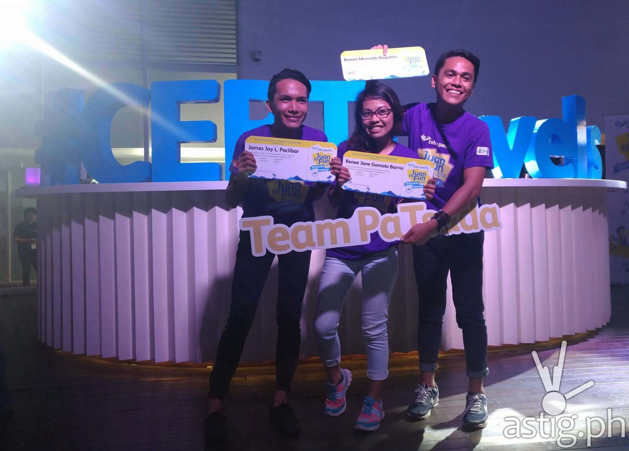 Second place winners Team Patsada will get three trips from Cebu Pacific and pocket money Second place winners Team Patsada will get three trips from Cebu Pacific and pocket money