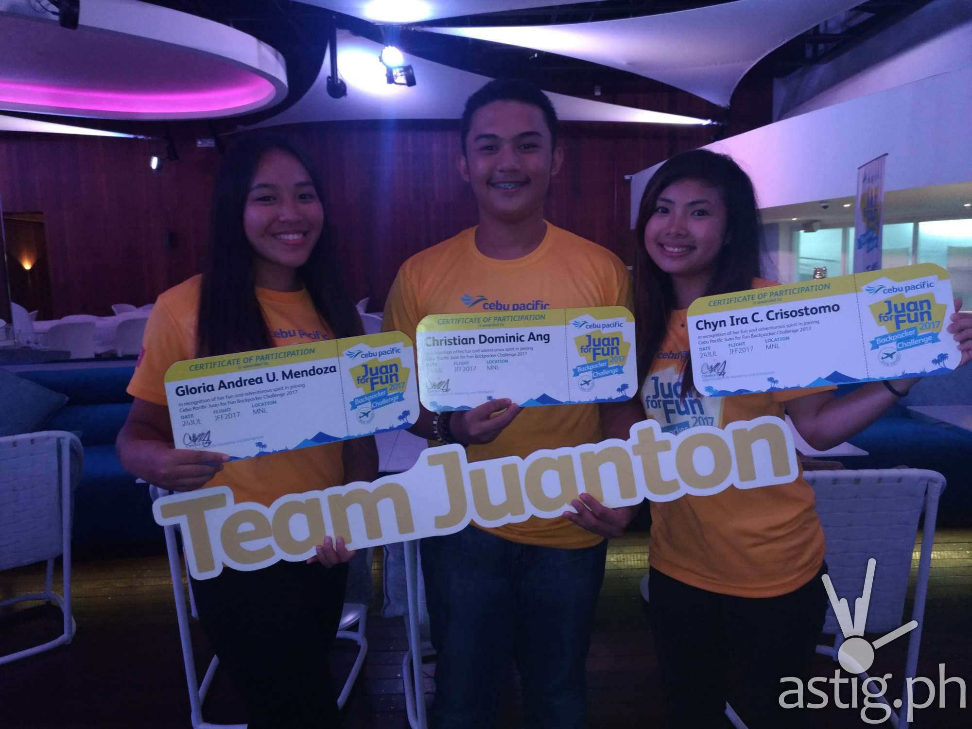 Geia, Chyn, and Cristian from Team Juanton are the winners of the Juan for Fun Backpacker Challenge from Cebu Pacific Geia, Chyn, and Cristian from Team Juanton are the winners of the Juan for Fun Backpacker Challenge from Cebu Pacific