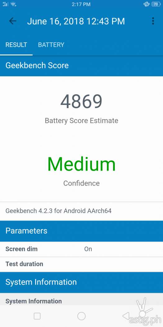 OPPO F7 Youth battery benchmark results: Geekbench (partial discharge)
