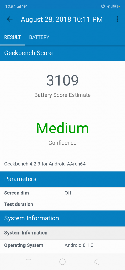 Geekbench battery life benchmark (partial discharge) at 50% brightness - OPPO F9