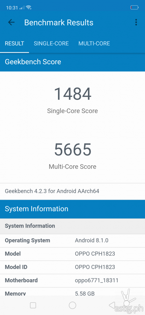 Geekbench single-core and multi-core benchmark results - OPPO F9