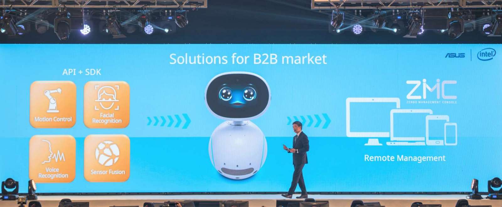 ASUS Corporate Vice President Jackie Hsu explains Zenbo Junior platform on stage at Incredible Intelligence 2018 event