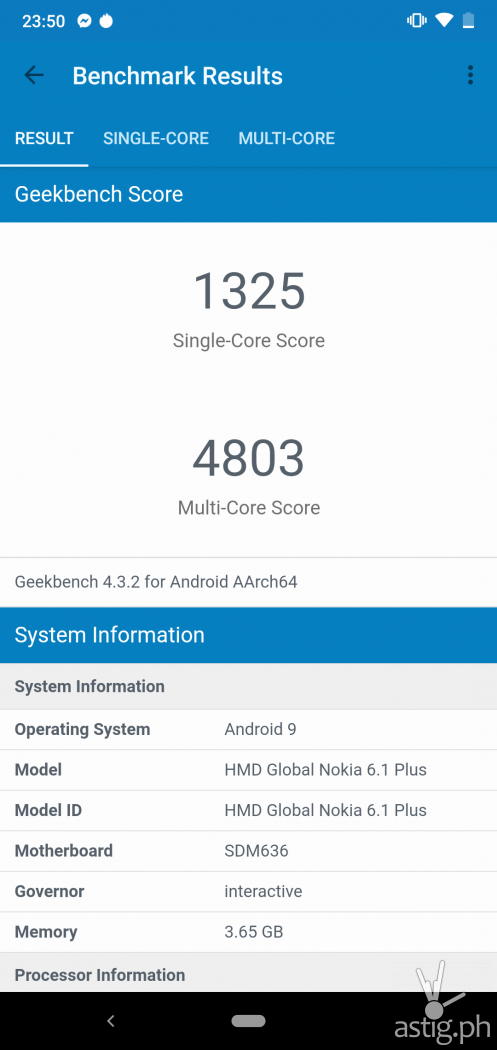 Performance benchmark (Geekbench) - Nokia 6.1 Plus (Philippines)