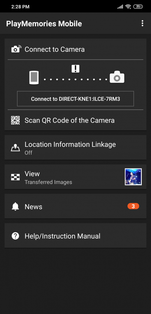 Sony PlayMemories mobile app for Sony A7R III