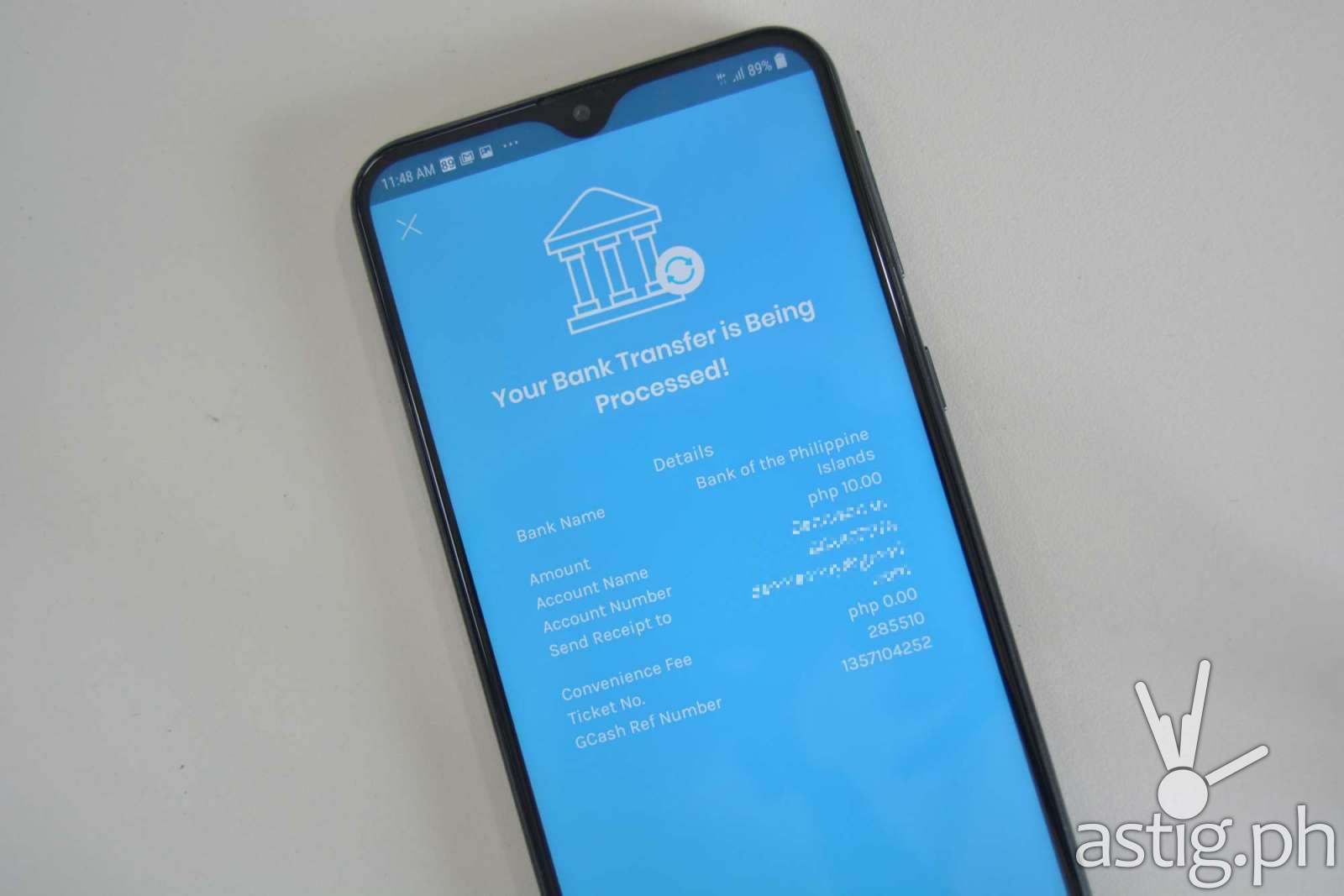 Successful money transfer to BPI via GCash Bank Transfer