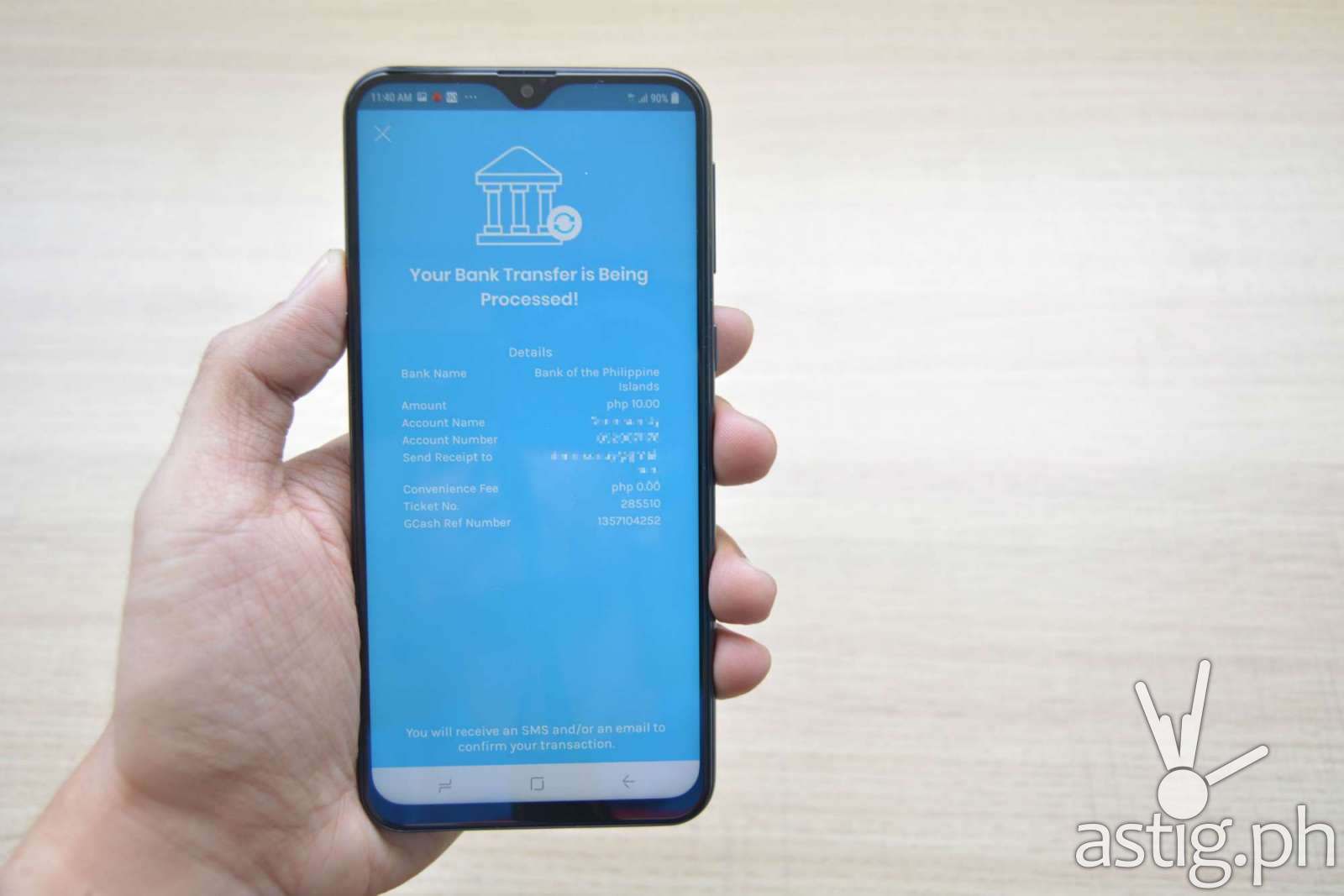 Successful money transfer to BPI via GCash Bank Transfer - handheld