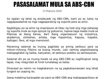 ABS-CBN franchise renewal press statement (Filipino)