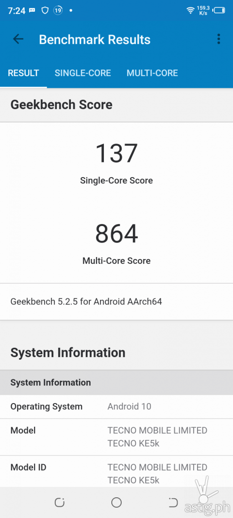 Geekbench performance benchmark results - TECNO Spark 6 Go (Philippines)
