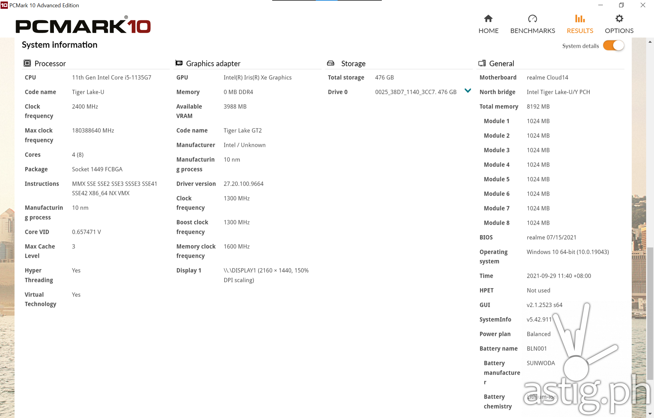 PCMark 10 System information
